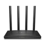 Black TP-Link Archer C6 AC1200 Gigabit Router displaying its textured top surface design four external high gain antennas front LED status lights and rear Gigabit ethernet ports
