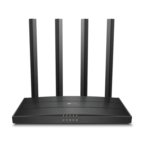 archer-c6-01-500x500 Black TP-Link Archer C6 AC1200 Gigabit Router displaying its textured top surface design four external high gain antennas front LED status lights and rear Gigabit ethernet ports