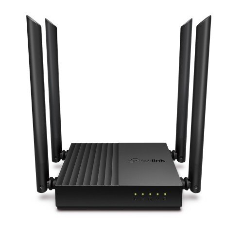Black TP-Link Archer C64 AC1200 Dual-Band Gigabit WiFi Router showing its compact square design four adjustable high performance external antennas and rear gigabit ports