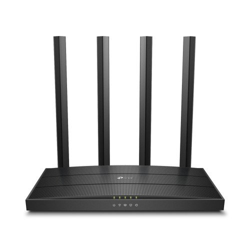 Black TP-Link Archer C80 AC1900 Dual-Band Gigabit WiFi Router displaying its textured top casing four external high-gain antennas front status indicators and rear gigabit ethernet ports
