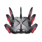 TP-Link Archer GX90 AX6600 Tri-Band Wi-Fi 6 Gaming Router Price in BD - Black and red high-performance tri-band Wi-Fi 6 gaming router with eight detachable antennas.