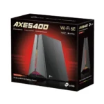 TP-Link Archer GXE75 AXE5400 Tri-Band Wi-Fi 6E Gaming Router showing futuristic launch pad design with RGB lighting and rear 2.5G port