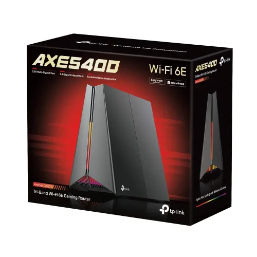 TP-Link Archer GXE75 AXE5400 Tri-Band Wi-Fi 6E Gaming Router showing futuristic launch pad design with RGB lighting and rear 2.5G port