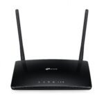 TP-Link Archer MR400 AC1200 Dual Band 4G LTE SIM Router Price in BD - Glossy black dual-band 4G SIM Wi-Fi router featuring two detachable external antennas and status LED lights.