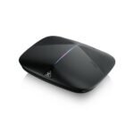 Zyxel Armor G5 AX6000 Multi-Gigabit Wi-Fi 6 Router in modern black tower design featuring a 10G port and internal high-gain antennas