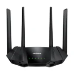 Dahua DH-AX15M AX1500 Dual Band Gigabit WiFi 6 Router Price in BD - Front view of black Wi-Fi 6 router with four high-gain external antennas