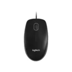 Logitech B100 optical USB wired business mouse in a matte black finish showcasing its classic symmetrical ambidextrous contour and white brand logo printing