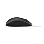 Logitech B100 optical USB wired business mouse in a matte black finish showcasing its classic symmetrical ambidextrous contour and white brand logo printing