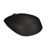 Logitech B170 wireless optical mouse in matte black showcasing its compact symmetrical body lines and the tiny USB plug-and-forget receiver on a clean surface