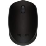 Logitech B170 wireless optical mouse in matte black showcasing its compact symmetrical body lines and the tiny USB plug-and-forget receiver on a clean surface