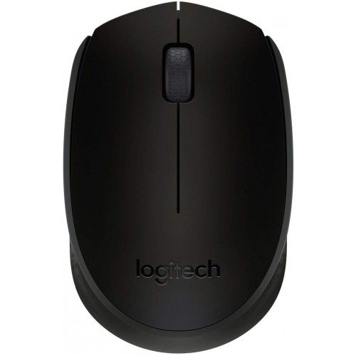 Logitech B170 wireless optical mouse in matte black showcasing its compact symmetrical body lines and the tiny USB plug-and-forget receiver on a clean surface