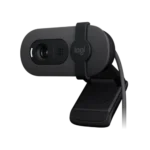 Logitech Brio 100 Full HD webcam showing its modern graphite gray oval pill shaped casing central camera lens glass aperture integrated sliding privacy shutter bar and monitor display mount clip