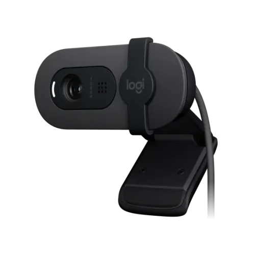 brio-100-01-500x500 Logitech Brio 100 Full HD webcam showing its modern graphite gray oval pill shaped casing central camera lens glass aperture integrated sliding privacy shutter bar and monitor display mount clip
