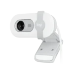 Logitech Brio 100 Full HD webcam showing its modern graphite gray oval pill shaped casing central camera lens glass aperture integrated sliding privacy shutter bar and monitor display mount clip