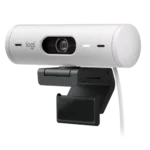 Logitech Brio 500 Full HD HDR webcam showcasing its unique curved cylindrical modern capsule design central wide glass lens aperture and integrated mount arm lines
