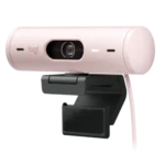 Logitech Brio 500 Full HD HDR webcam showcasing its unique curved cylindrical modern capsule design central wide glass lens aperture and integrated mount arm lines