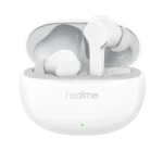 Realme Buds T110 White true wireless earbuds resting securely inside their open white charging case showcasing the glossy stem layout and green LED battery indicator dot