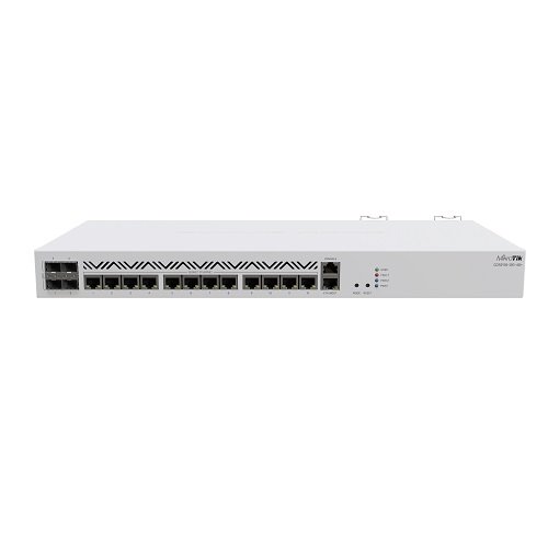 MikroTik CCR2116-12G-4S+ 16 Core ARM CPU 10G Router Price in BD - 1U white rackmount router showing 12 gigabit ports and 4 10G SFP+ cages