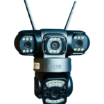 V380 Pro 3 Lens Camera premium high capacity flagship 4G cellular outdoor waterproof night vision PTZ CCTV camera showing clean white industrial plastic structural armor body with dual antenna array printing top dual stationary monitoring lenses and lower rotating motorized panning ball lens matrix arrangement view]