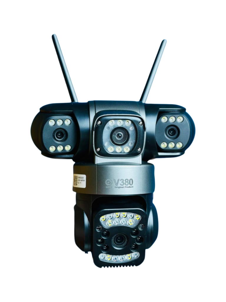 V380 Pro 3 Lens Camera premium high capacity flagship 4G cellular outdoor waterproof night vision PTZ CCTV camera showing clean white industrial plastic structural armor body with dual antenna array printing top dual stationary monitoring lenses and lower rotating motorized panning ball lens matrix arrangement view]