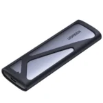 UGREEN 90264 M.2 SATA NVMe Hard Drive Enclosure in space gray aluminum shell, displayed with its dual interface cables and protective orange silicone jacket