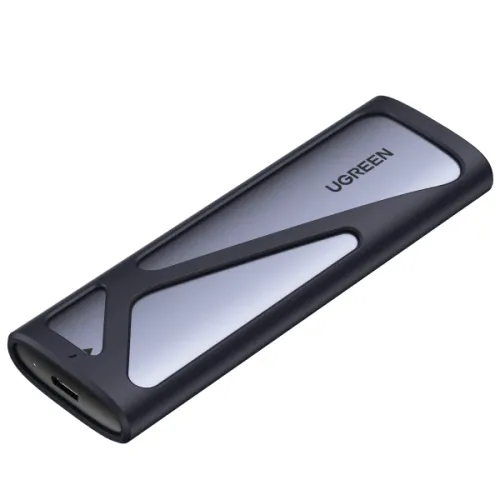 UGREEN 90264 M.2 SATA NVMe Hard Drive Enclosure in space gray aluminum shell, displayed with its dual interface cables and protective orange silicone jacket
