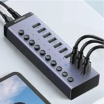 UGREEN 30779 CM482 powered 10-port USB 3.0 hub with individual on/off switches and LED status indicators