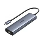 UGREEN 45320 USB-C Ethernet Adapter premium high capacity heavy duty 6-in-1 portable 1000Mbps RJ45 fast data transfer laptop docking station block showing clean Space Gray aluminum minimalist housing body layout with terminal input port slots and attached braided type-c cord wire view]