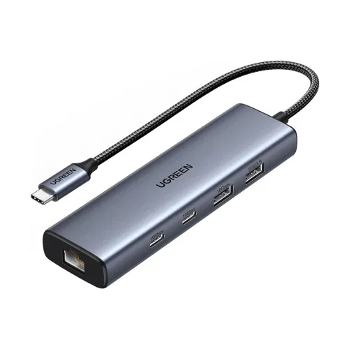 UGREEN 45320 USB-C Ethernet Adapter premium high capacity heavy duty 6-in-1 portable 1000Mbps RJ45 fast data transfer laptop docking station block showing clean Space Gray aluminum minimalist housing body layout with terminal input port slots and attached braided type-c cord wire view]