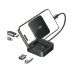 UGREEN 35590 USB-C Hub premium high capacity heavy duty 4-in-1 portable ultra fast data transfer laptop docking station block showing clean Space Gray aluminum minimalist housing body layout with terminal input port slots view]