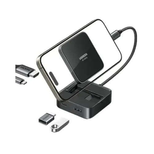 UGREEN 35590 USB-C Hub premium high capacity heavy duty 4-in-1 portable ultra fast data transfer laptop docking station block showing clean Space Gray aluminum minimalist housing body layout with terminal input port slots view]