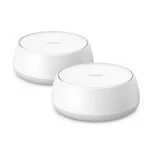 TP-Link Deco BE22 BE3600 Dual-Band WiFi 7 Mesh Router 2 Pack showing two sleek white tower units with rear 2.5G multi-gigabit ports