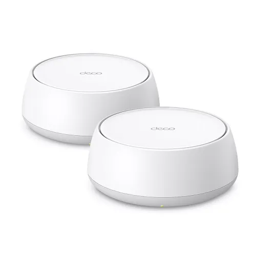 TP-Link Deco BE22 BE3600 Dual-Band WiFi 7 Mesh Router 2 Pack showing two sleek white tower units with rear 2.5G multi-gigabit ports