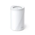 TP-Link Deco BE65 BE11000 Tri-Band WiFi 7 Mesh Router (1-Pack) Price in BD - White modern cylindrical Deco BE65 Wi-Fi 7 router with four 2.5G Ethernet ports on the back.