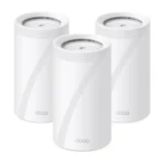 TP-Link Deco BE65 BE11000 Tri-Band WiFi 7 Mesh Router (3-Pack) Price in BD - Front view of three white Wi-Fi 7 mesh router cylinders with 2.5G ports