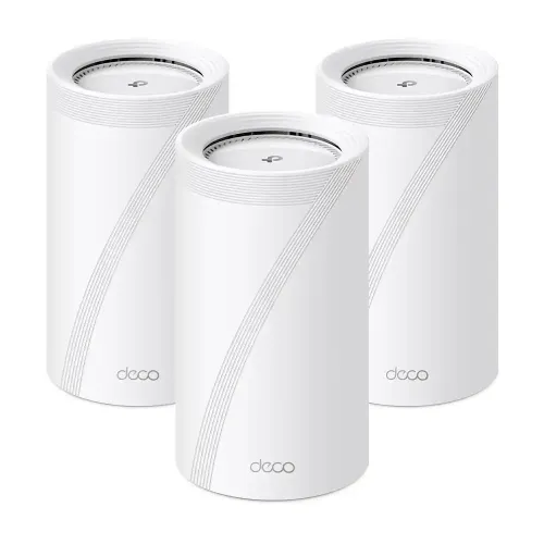 deco-be65-3-pack-500x500 (1) TP-Link Deco BE65 BE11000 Tri-Band WiFi 7 Mesh Router (3-Pack) Price in BD - Front view of three white Wi-Fi 7 mesh router cylinders with 2.5G ports