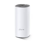 Single white cylindrical TP-Link Deco E4 AC1200 Dual-band Mesh Router unit displaying its modern tower body design top icon accent and rear dual ethernet connection ports