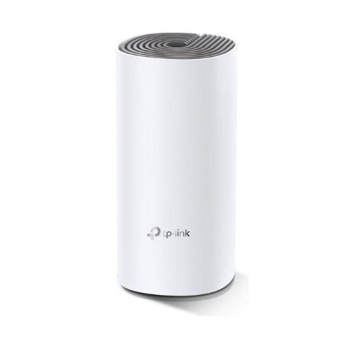 Single white cylindrical TP-Link Deco E4 AC1200 Dual-band Mesh Router unit displaying its modern tower body design top icon accent and rear dual ethernet connection ports