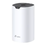 Single white cylindrical TP-Link Deco S7 AC1900 Dual Band Mesh Router unit showing its modern tower design top accent pattern and rear triple Gigabit ethernet ports