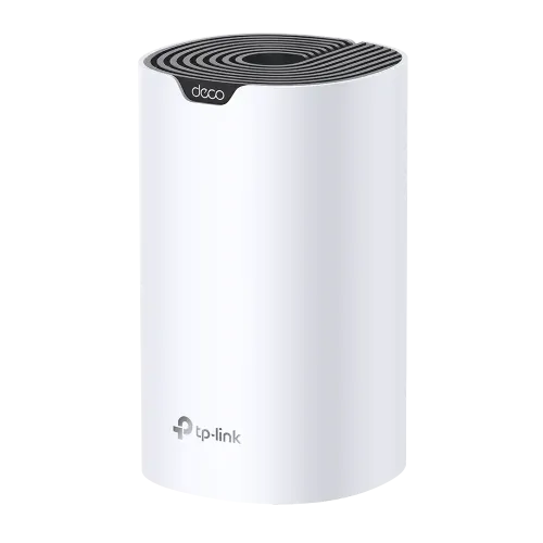 Single white cylindrical TP-Link Deco S7 AC1900 Dual Band Mesh Router unit showing its modern tower design top accent pattern and rear triple Gigabit ethernet ports