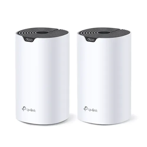 TP-Link Deco X10 AX1500 Dual-Band Mesh Router 2 Pack showing two white cylindrical tower units with rear dual gigabit ports