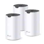 TP-Link Deco S7 AC1900 Dual Band Mesh Router 3 Pack showing three white cylindrical tower units with rear triple gigabit ports
