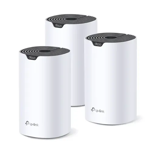 TP-Link Deco S7 AC1900 Dual Band Mesh Router 3 Pack showing three white cylindrical tower units with rear triple gigabit ports