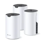 TP-Link Deco S7 AC1900 Dual Band Mesh Router 3 Pack showing three white cylindrical tower units with rear triple gigabit ports