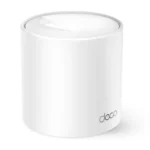 Single white cylindrical TP-Link Deco X10 AX1500 Dual-Band Mesh Router unit showing its modern tower body design top ventilation accent and rear dual Gigabit ethernet ports