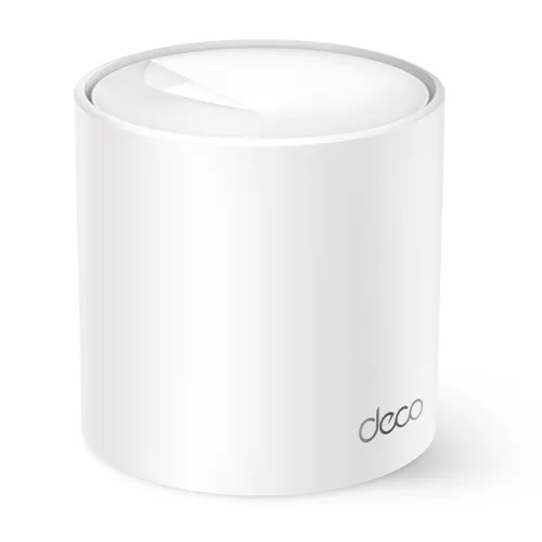 Single white cylindrical TP-Link Deco X10 AX1500 Dual-Band Mesh Router unit showing its modern tower body design top ventilation accent and rear dual Gigabit ethernet ports