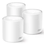 TP-Link Deco X10 AX1500 Dual-Band Mesh Router 3 Pack showing three white cylindrical tower units with rear dual gigabit ports
