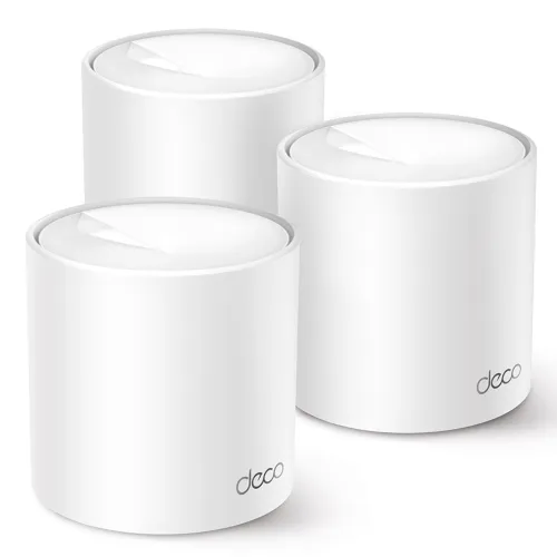 TP-Link Deco X10 AX1500 Dual-Band Mesh Router 3 Pack showing three white cylindrical tower units with rear dual gigabit ports