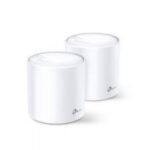 TP-Link Deco X20 AX1800 Dual-Band Mesh Router 2 Pack showing two white cylindrical tower units with rear dual gigabit ports