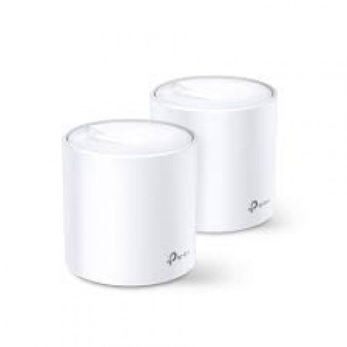 TP-Link Deco X20 AX1800 Dual-Band Mesh Router 2 Pack showing two white cylindrical tower units with rear dual gigabit ports